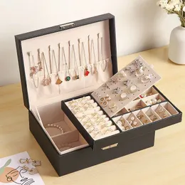 Jewelry Stand Two-Layer Leather Jewelry Box Organizer Earrings Rings Necklace Storage Case with Lock Women Girls Gift 230728