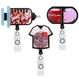 10 pcs/lot Key Rings Scrub Life CHILL Glitter Acrylic Medical Series Retractable Shakers Badge Reel Nurse ID Name Card Holder For Healthcare Worker Accessories