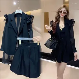 Women's Shorts Internet Celebrity Elegant Fashion Suit Western Style Mesh Casual Ruffled Jacket Wide Leg Two-piece Set Fash