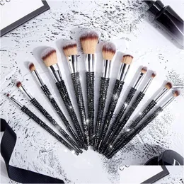 Bath Tools Accessories Bling 12Pcs Rhinestone Hair Diamond Glitter With Shiny Handle Makeup Brush Set For Women Drop Delivery Heal Dhjhp