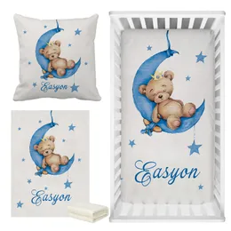 Mats LVYZIHO Custom Name Sleeping Bear Blue Crib Bedding Set Sleep on Moon Baby Shower Gift 230727