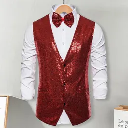 Men's Vests Men Waistcoat Stage Performance Compere Emcee Shiny Sequin V Neck Sleeveless Single-breasted Vest With Bow-knot