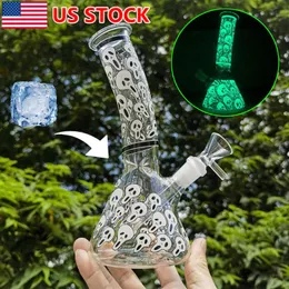 8 Inch Glow In The Dark Glass Bong Skull Hookah Smoking Water Pipe Bubbler +Bowl