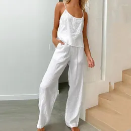 Kvinnors sömnkläder Summer 2023 Kvinnor Linne Bomull Pyjamas Set Spaghetti Strap White Button Camis Long Pants 2 Pieces Home Suit Loungewear