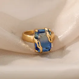 Bröllopsringar Blue Cubic Zircon Stone Ring For Women Rostfritt stål Square Geometry Finger Party Accessories Jewelry Gift Bijoux Femme 230727