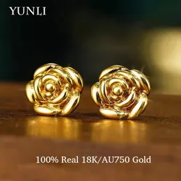 Stud Yunli Real 18K Gold Rose örhängen Pure AU750 örhänge för kvinnor Fina smycken Wedding Present EA018 230727