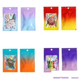 Packing Bags 100Pcs Lot Gradient Color Flat Zipper Aluminum Foil Pouch Cosmetics Gift Retail With Hang Hole Drop Delivery Office Schoo Otb9R