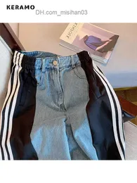 Jeans da donna American retro patch jeans dritti a righe a vita alta borsa casual da donna gambe larghe pieghe street abbigliamento denim Pantaloni Z230728