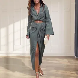 Casual Dresses Sexig tie-up wrap split robe party klänning kvinnor elegant fast färg boho strand dam mode långärmad lapel skjorta