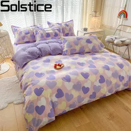 Sängkläder set Solstice Home Set Purple Heart Symbol Girl Pink Bed Sheets Däcke Cover Sheet Pillow Case Linens King Queen Size 230727