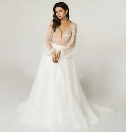 Boho Sexy Hochzeitskleid 2023, tiefer V-Ausschnitt, volle Puffärmel, Perlenrückseite, Schnürung, Netting, A-Linie, Boho-Brautkleider, Vestidos De Noiva