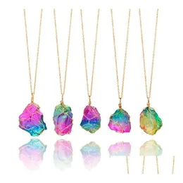 Konst och hantverk Natural Rainbow Irregar Quartz Stone Rock Pendant Crystal Gemstone Necklace Gold Plated Wire Wrap Birthstone Jewelry G Dhzsy