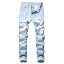 Men'S Jeans Mens Light Color Slim Fit Hole High Street Blue Non-Elastic Casual Fashion Urban Stretwear Drop Delivery Apparel Clothing Dhovf