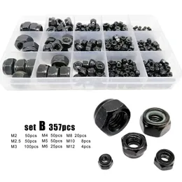 Verktygsdelar 162 357 st M2 till M12 DIN985 Black Carbon Steel Hexagon Nylon Insert Lock Nut Sortment Kit Hex Self Locking Nylock Locknut Set 230727