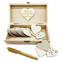 Libro degli ospiti di nozze personalizzato con cuori Nome personalizzato data Scatola dei ricordi in legno Bamboo Pen wedding Decor H1026272W