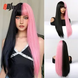 Cosplay Wigs Long Black and Pink Stitching Synthetic Wigs Two Tone Straight Wigs with Bang Christmas Halloween for Women Cosplay Hair Wigs 230727