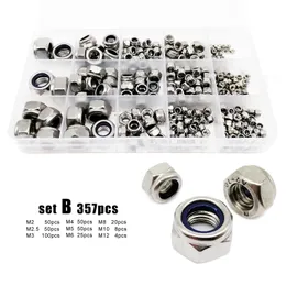 Tool Parts 162 357pcs M2 to M12 DIN985 304 Stainless Steel Hexagon Nylon Insert Lock Nut Assortment Kit Hex Self Locking Nylock Locknut Set 230727