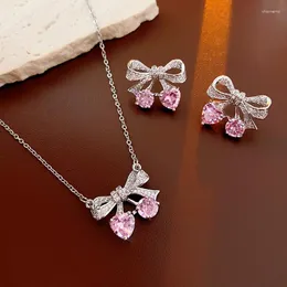 Necklace Earrings Set KAITIN Inlaid Rhinestone Heart Bow Knot Necklaces For Women Earstuds Fashion Luxury Pink Zircon Wedding