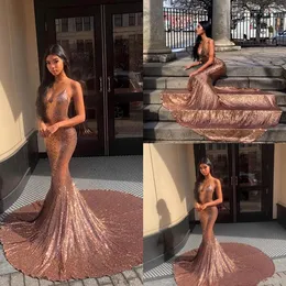 2019 Sexig Rose Gold Sequined Mermaid Prom Dresses Spaghetti ärmlöst öppet rygg svep Train Formal Party Dress Pageant Evening Go272L