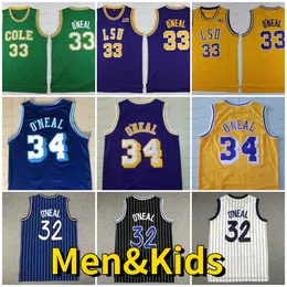 Kids 32 Shaquille Oneal Mens Retro Basketball Jersey College LSU Tigers Jerseys Yellow Purple University Stitched Men Shirts Classic #32 #33 #34