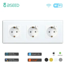 Plugues de energia inteligentes BSEED UE Wifi Tomada de parede tripla Painel de cristal Tomada elétrica 3 cores Branco Preto Dourado Trabalho com Tuya Smart Life HKD230727