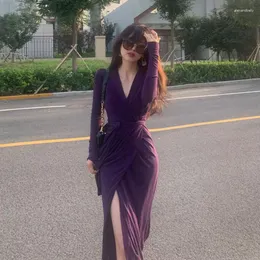 Casual Dresses Deeptown Korean Style Sexig Purple Corset Dress Women Vintage Elegant Chic V-ringad spilld långärmad tunika midi cocktail