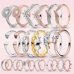 925 Pierścienie srebrne Princess Tiara Crown Blawling Love Heart Biżuteria rocznica CZ Pandora Pierścienie dla kobiet zaręczyn