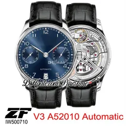 ZF V5 IW500710 Automático A52010 Real 7 Day Power Reserve Relógio Masculino Mostrador Azul Prata Marcadores de Número Relógios de Couro Preto Puretime233F