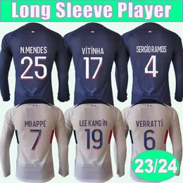 2023 24 Kimpembe Player Version Mens Soccer Jerseys Saint Germain Marquinhos Long Sleeve Verratti Mbappe N.Mendes Home Blue Away Football Shirts Adult Uniforms