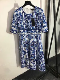 Vestidos de festa de verão para mulheres roupas de grife celadon padrão de impressão em torno do pescoço mangas curtas cintura longa saia casual designers vestido moda mulher 55