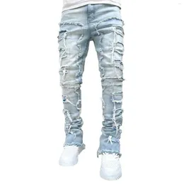 Erkekler Kot Düzenli Uyum Yığınlı Yama Sıkıntılı Yıkılmış Düz Denim Pantolon Sokak Giyim Giysileri Sıradan Jeanktg3