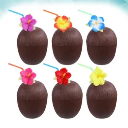 Kubki jednorazowe słomki 6pcs Coconut Hawaii Party Picie przenośne plastikowe akcesoria na plażę z kwiatem do baru