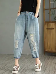 Kvinnors jeans streetwear sommar mode vintage hål rippade damer casual tvättade repade denim byxor punk harem byxor 2023