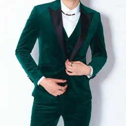 Ternos masculinos de veludo verde escuro ajuste fino para baile de formatura 3 peças preto lapela pontiaguda casamento noivo smoking personalizado homem moda roupas conjunto