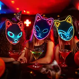 Party LED Glowing Cat Face Mask Cool Cosplay Neon Demon Slayer Fox Masks For Birthday Gift Carnival Party Masquerade Halloween 0729