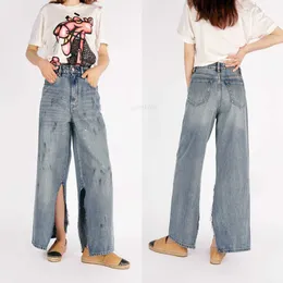 Yicai Denim Spring/Summer New MM6同じハイウエストペイント点線の古いスプリット涙9クォータージーンズの女性