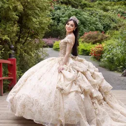 Lekki szampan Sweet 16 Quinceanera Dress Off Rame Equiques Crystal Flowers Księżniczka Suknia imprezowa Vestidos de 15 anos