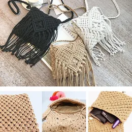 Argyle Woven Crossbody Bag Boho Style Fringe Flap Shoulder Bag for Women Knitting Tassel Purses and Handmade Cotton Fashion Beach Bag Summer Handbag