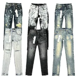 Lila designer mens jeans high street america jean för män broderi byxor överdimensionerad rippad lapp hål denim 2023 mode streetwear mager smal blyertspenna ade4