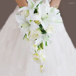 Bröllopsblommor vattenfall vit lilja elfenben rose brudbuketter artificiall bukett de mariage