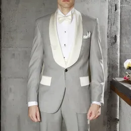 Men's Suits Light Grey Wedding With Ivory Shawl Lapel Slim Fit Tuxedo Groom Groomsman Man Terno (Jacket Pants)