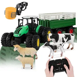 Electric RC Car 1 24 RC Tractor Trailer with LED Light 8In1 Farm Toys Set 2.4GHZ Remote Control Truck Farming Simulator for Children Gift 230728