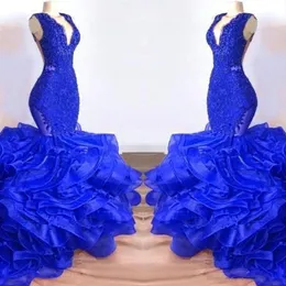Royal Blue V Neck Lace Long Mermaid Prom Dresses 2019 Organza Layered Ruffles Sweep Train Formal Party Evening Gowns1745