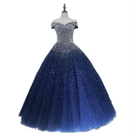 ネイビーブルーボールガウンQuinceAnera Dresses 2020 Off Shoulder Lace-up Major Beading Princess Puffy Prom Party Gowns Sweet 16 Birt318d