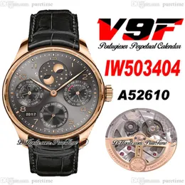V9F 503404永久カレンダーA52610自動メンズウォッチローズゴールドグレーダイヤル番号マーカームーンフェーズパワーリザーブブラックレース3218