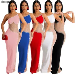 NOVO Designer Sexy Mesh Sheer Strass Maxi Vestidos Feminino Ver Através de Diamantes de Luxo Vestido de Festa à Noite Night Clubwear Roupas de Atacado em Massa 9604