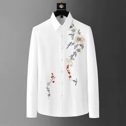 2023 Autumn Luxury Flowered Hafted Shirt for Men Slim Fit Long Rleeve Casusl Dress Busines