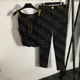 Kvinnor avslappnad set sexig tank top hög elastisk yogalaggings metall bokstav svart ärmlösa tees byxor set designer sportkläder