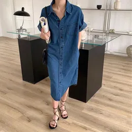 Casual klänningar chic koreansk denim klänning kvinnor sommar kort ärm skjorta jeans streetwear pocket elegant mitten av kalv vestidos