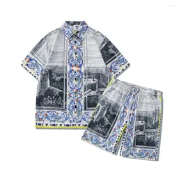 Tracki męskie swobodne luźne szorty koszuli krótkoczeprzewaniowe barokowy osobowość cyfrowy krajobraz uliczny retro dwuczęściowy